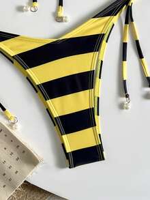 Bộ bikini 2 mảnh kẻ sọc thanh lịch không lưng kèm phụ kiện mặt dây chuyền đính hạt, bộ bikini đi biển. - Nhiều màu - Xem 3