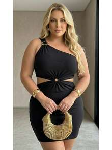 Plus Size Red Ribbed Dress With An Asymmetrical Neckline, Ring Detail And Cutout, Party Style. - màu đen - Xem 4