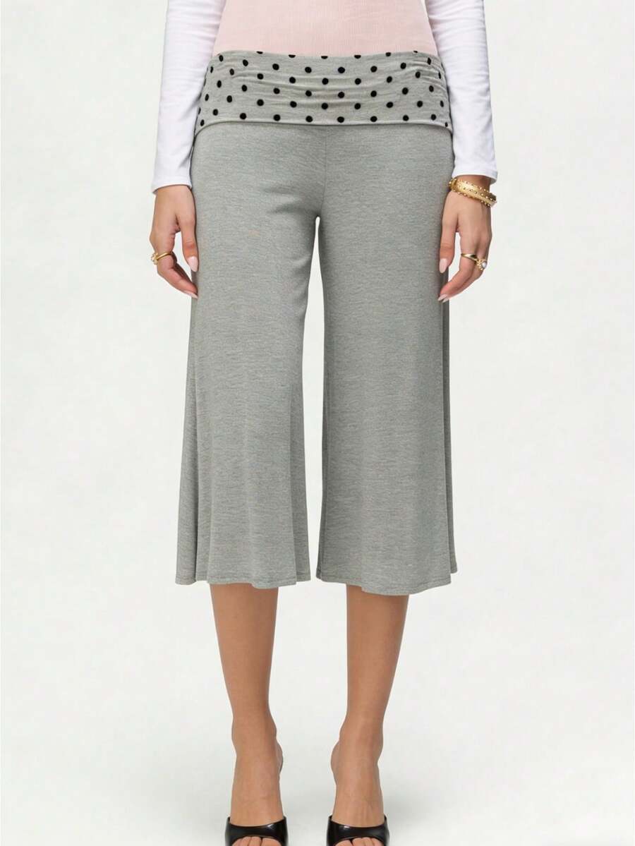 Women's Fold Over Waist Capri Fashionable Casual Solid Color Low Rise Wide Leg Crop Pants - 深灰色 - 查看 1