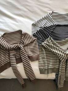 1 Stück Damen Mode gestreifter Strick-Cardigan mit kontrastfarbigem kleinem Schal, Frühling/Sommer/Herbst Sonnenschutz multifunktionaler Büro-Mesh-Schal für Klimaanlagenräume, Nacken- & Schulterschutz-Weste, geeignet für alle Jahreszeiten, RC Kleid - Verschiedenfarbig - Übersicht 3