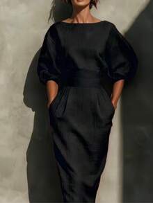 女士修身中长连衣裙，船领，七分袖，直筒下摆 - 黑色 - 查看 3