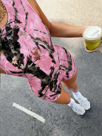 Macacão Rosa com Decote Nas Costas Estilo Y2K da LOVE JOYY, Estampa de Galho de Árvore, Modelagem Slim Fit, Sem Mangas, Roupa Sexy para Festa de Verão