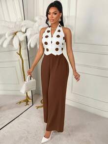 AIJ Amarilo 2026 Spring/Summer Women Green Polka Dot Camisole & Wide Leg Pants 2 Pieces Set - Brown - View 3