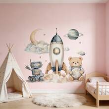 卡通宇航员熊墙贴，动物主题贴纸，适用于儿童房和卧室、幼儿园墙面装饰、客厅背景，非常适合墙面装饰和派对背景。 - 彩色 - 查看 4