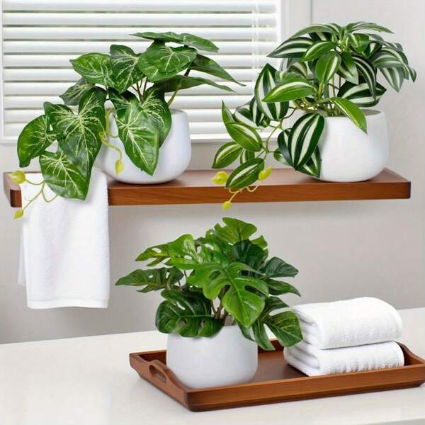 3pcs/Set Artificial Green Plants With Pots, 15cm Mini Potted Fake Plants, Suitable For Home Decor, Indoor Decoration, Bedroom, Bathroom And Office Desk | Perfect For Garden, Porch, Window Sill, Home, Wedding And Farmhouse