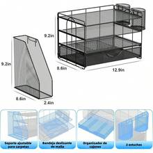 Organizador de Escritorio de 4 Niveles con Compartimentos Verticales Cajones Deslizantes y Porta Lápices Ideal para Documentos Papeles y Suministros de Oficina en el Día a Día - negro - Ver 4