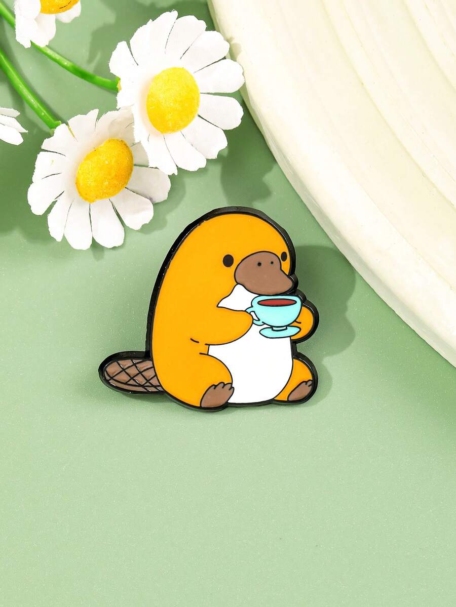 1枚黄色鸭嘴兽喝茶胸针，慵懒休闲风，小众精品配饰，为外套、毛衣和日常穿搭增添活力 - 彩色 - 查看 1