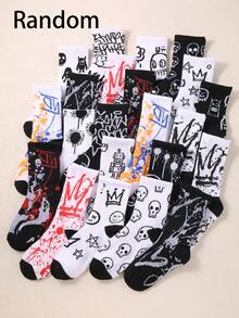 10/12 Pairs Kids Graffiti & Skull Graphic Soft Breathable Sweat-Wicking Streetwear Y2K Style Mid-Calf Crew Socks For Daily/Spring/School - Multicolor - View 7