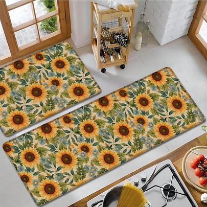1 قطعة سجادة مطبوعة بنمط عباد الشمس من الكتان للمطبخ، حصيرة حمام، بساط الباب، سجادة مستطيلة ثلاثية الأبعاد بزهور للغرفة المعيشة، غرفة النوم، الممر، الحمام، غرفة الغسيل - سجادة من البوليستر، مناسبة للديكور الداخلي والخارجي للمنزل