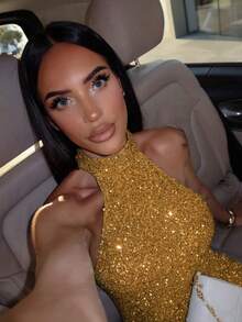 Elegant Sparkly Backless Dress For Women, Romantic Party, Wedding, Graduation, Formal Occasion Spring - Gold - View 6