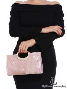 Sac de soirée de luxe pour femme avec fleurs et sequins, sac de mariage, de fête ou de bal de promo avec poignée en cristal circulaire (motif aléatoire) - Rose bonbon - Voir 5