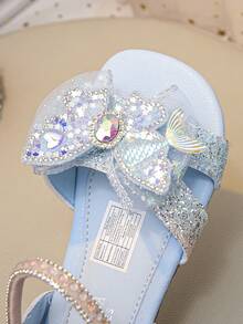 女童公主凉鞋，新款夏季美人鱼蝴蝶结水钻鞋，儿童软底防滑沙滩凉鞋 - 藍色 - 查看 6