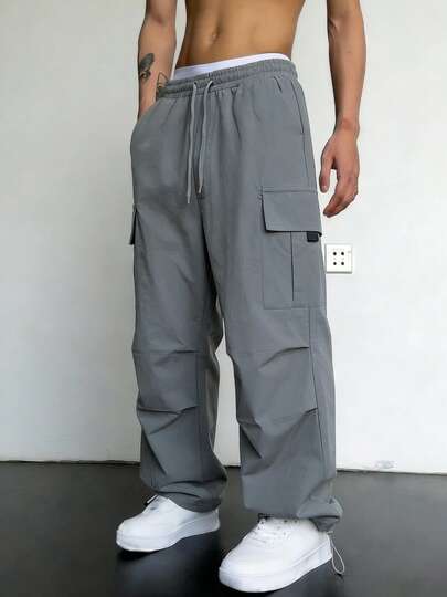 1 pieza Pantalones cargo de unicolor con múltiples bolsillos y cintura con cordón para hombres, pantalones rectos sueltos casuales, adecuados para primavera, verano, otoño e invierno, estilo de ropa de calle de moda, regalo para novio/esposo, regalo de aniversario