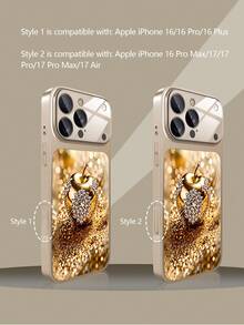 1pc New Luxury Sparkling Crystal Rhinestone Gold Apple Pattern Deluxe Large Window Tempered Glass Camera Lens Protection Phone Case Compatible With IPhone 17/17Pro/17ProMax/17Air/16/16Pro/16ProMax/16Plus/15/15Plus/15Pro/15ProMax/14/14Plus/14Pro/14ProMax/13/13Pro/13ProMax/12/12Pro/12ProMax/11/11ProMax, Matte Anti-Fall, Full Coverage Metal Paint Premium Protection Cover - Multicolor - View 9