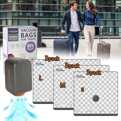 9件套旅行真空收纳袋，配有可充电气泵，可随身行李携带，压缩收纳袋，衣物旅行整理收纳包，节省空间