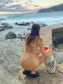 Women's Solid Color Sexy Hollow See-Through Backless Design Long Sleeve Coverup Crop Dress, Suitable For Beach Vacation, Spring/Summer White - Camel - View 3