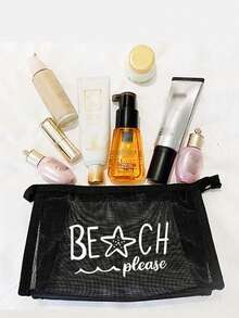 粉色网眼沙滩手提包，字母印花，附赠化妆包和时尚眼镜，网眼化妆包可装口红和粉扑，便携式沙滩包，夏季必备 - 彩色 - 查看 14