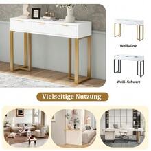 Modern Console Table With Drawers, Gold Frame, Adjustable Footrest And Elegant Handles (White + Gold) - White - View 8