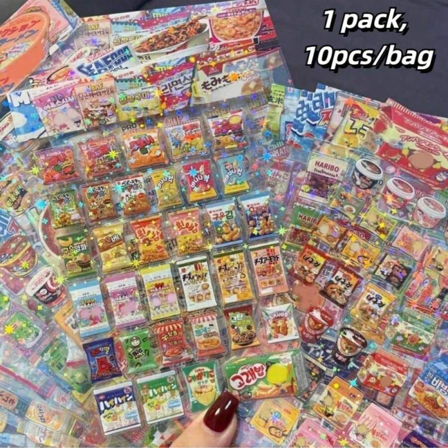 10 miếng dán bao bì đồ ăn nhẹ cho điện thoại PET, chống thấm nước, hình hoạt hình, nhãn dán sổ lưu niệm, nhật ký, văn phòng phẩm Kawaii - Nhiều màu - Xem 1