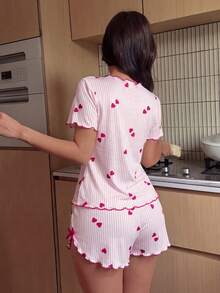 女士睡衣套装，条纹爱心印花翻领短袖上衣和开衩短裤两件套睡衣，可爱睡衣，夏季服装 - 玫紅色 - 查看 2