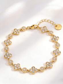 18K Gold/Silver Plated Full Diamond Four-Leaf Clover Bracelet, Bohemian Style Golden Summer Beach Vacation Stainless Steel Delicate Adjustable Chain Bracelet For Women - Gold - View 4