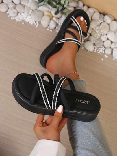 Summer Commute Rhinestone Cross Strap Platform Slippers, Casual Outdoor Wear Wedge Sandals