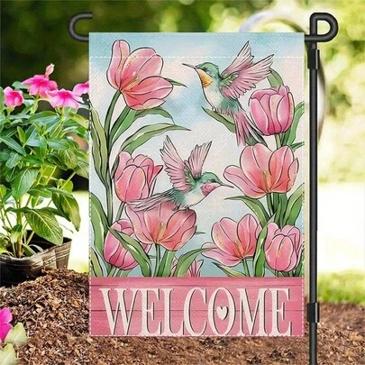 علم حديقة ربيعي مزين بالزهور والطيور الصغيرة - وجهان، من الكتان الخشن، ديكور خارجي لحديقة المنزل والفناء، 12 * 18 بوصة