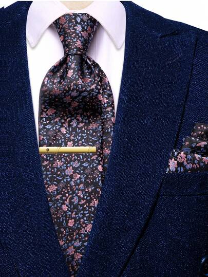 Men's Black Pink Blue Floral Tie Set – Includes Pocket Square & Gold Tie Clip, Vintage Formal Necktie For Weddings And Celebrations