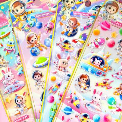 这些3D贴纸采用立体浮雕设计，以可爱的宇航员、兔子和机器人为主题，它们藏身于宇宙飞船之中。贴纸采用高透明度、光泽度高的背胶材料制成，防水、耐磨，且不留残胶。它们完美融合了可爱冒险元素和实用功能，非常适合DIY装饰笔记本、手机壳和文具。