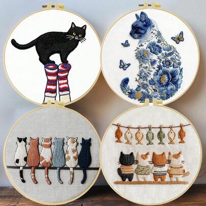 Embroidery Kit. 20x20cm/7.9in. Handmade DIY With Cute Cat Design. For Adult Beginners. Includes Fabric, Manual, Hoop, Needles & Threads. Great Gift For Friends & Family. Home Or Office Art Decor.