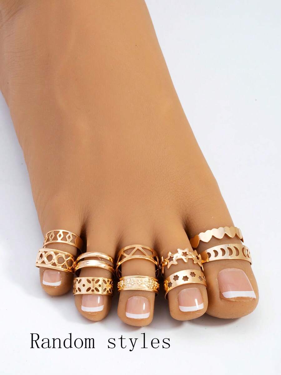 Cincin Jari Kaki Gaya Bohemian yang Dapat Diatur, Desain Geometris Acak, Gaya Liburan Kasual yang Chic, Estetika Vintage Serbaguna (Gaya Dipadukan Secara Acak) - Emas - View 1