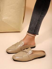 Pantuflas tipo mula con diseño de cruce en la punta cuadrada, zapatos planos sin talón, para uso casual y de commuting para mujeres - Caqui - Ver 1