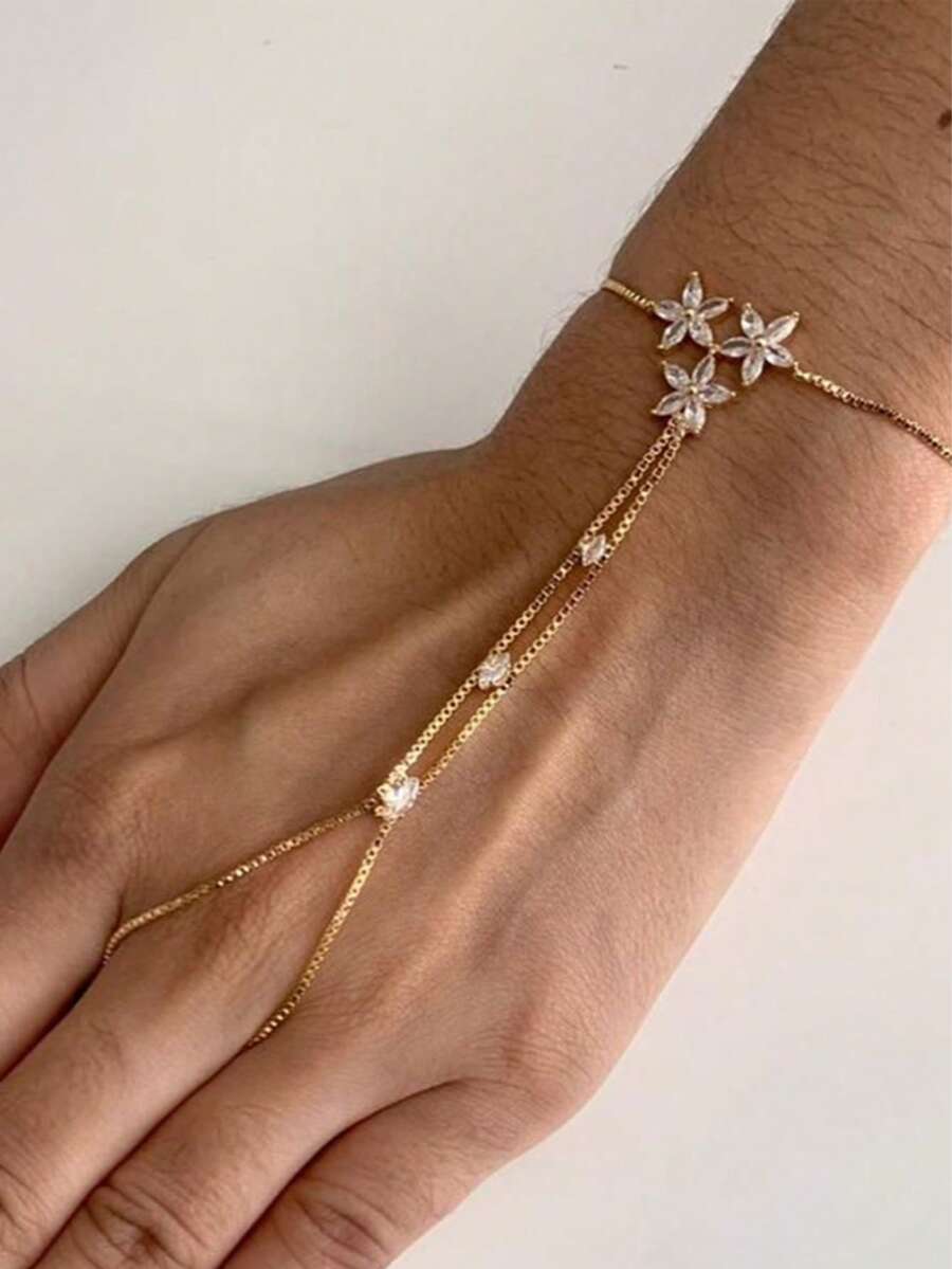 1枚优雅水钻花朵连指戒指，时尚珠宝，送给朋友的礼物 - 三葉花連指手鍊 - 查看 1