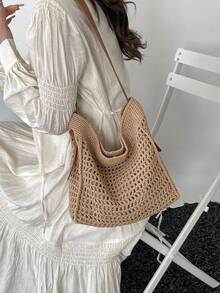 Nueva bolsa de mano minimalista tejida y calada, de gran capacidad, bolso de hombro único y de alta gama, perfecto para vacaciones y viajes diarios. - Marrón - Ver 3