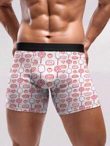 男士创意印花平角内裤，1条装，印有可爱糖果、棉花糖、甜甜圈图案，涤纶面料，休闲居家服，是情人节和甜点主题礼物的理想之选。 - 粉色 - 查看 1