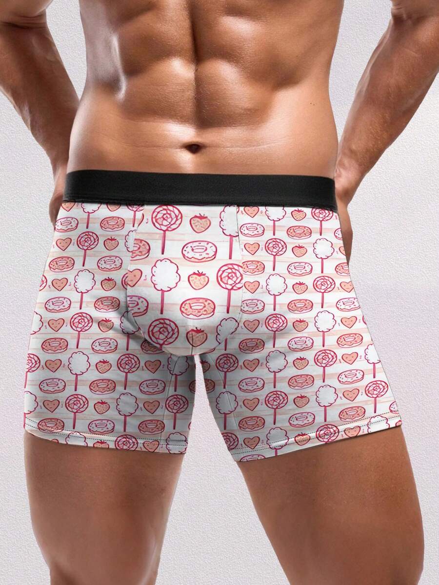 男士创意印花平角内裤，1条装，印有可爱糖果、棉花糖、甜甜圈图案，涤纶面料，休闲居家服，是情人节和甜点主题礼物的理想之选。 - 粉色 - 查看 1