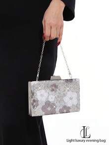 Women's Floral Sequin Evening Clutch Bag, Silver Glitter Square Box Bag, Wedding Party Prom Crossbody Bag (Random Pattern) - Silver - View 1