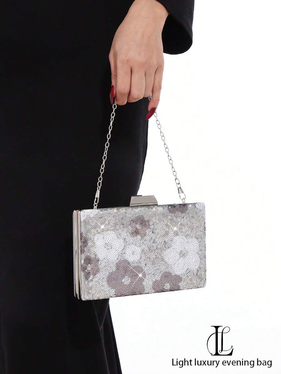 Women's Floral Sequin Evening Clutch Bag, Silver Glitter Square Box Bag, Wedding Party Prom Crossbody Bag (Random Pattern) - Silver - View 1