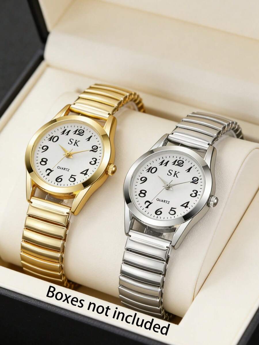 2只/套 女孩弹力表带手表，金银色，圆形表盘，精致小巧，简约女孩腕表，节日送礼佳品 - 彩色 - 查看 1
