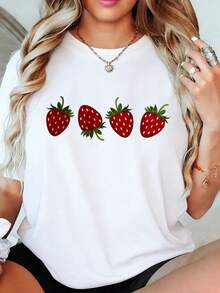 Plus Size Women's Strawberry Print Short Sleeve T-Shirt - Cute Fruit Round Neck Blouse, Casual Spring Summer Casual Attire, Machine Washable Strawberry Top For Women, Plus Size Women Clothes, Graphic Tees Women, Summer Outfits For Women, Festival Outfits, Vacation Outfits Women, Travel Essentials For Women - 白色 - 查看 3