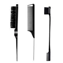 GOIPLE 3pcs Professional Hair Styling Brush & Comb Set, Dual Edge Brush & Comb, Slicking Bristle Brush, Stainless Steel Rat Tail Comb, Flyaway Taming Baby Hair Sculpting Edge Brush, Ponytail Smoothing Braid Styling Slicking Brush, Precise Sectioning Parting Rat Tail Comb, Ergonomic Handle Nylon Bristles Hair Styling Tools, For Daily Home & Salon Hair Styling, For Women All Hair Types Curly Coily Braided Textured Hair - 3 chiếc màu đen - Xem 2