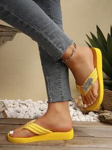 2026 Tongs d'été avec fleurs en strass pour femmes, sandales plateforme confortables, chaussures de plage mode et décontractées - Jaune citron - Voir 4