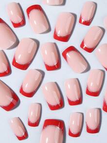 24片红色法式方形短款美甲贴纸，提升您的时尚品味！简约时尚，经久耐用，可重复使用。套装包含1瓶甲油胶和1把指甲锉，适合女性和女孩日常佩戴，也适用于派对和其他场合。 - 紅色 - 查看 3