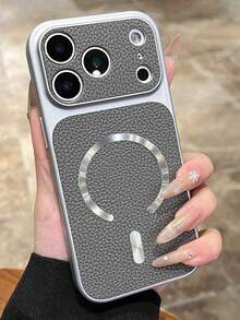 Luxury Litchi Leather Texture CD Pattern Magnetic Wireless Charging Phone Case For IPhone 17 Pro Max, 17 Pro, 16 Pro Max, 15 Pro Max, 14 Pro, 13, 12, Matte Lens Protection Anti-Fall Protective Cover - Grey - View 3