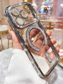1PC Silver 2026 Advanced Shiny Rhinestone Phone Case, Compatible With IPhone 17 Apple Air 17e 16 15 14 13 12 11 Pro Max Plus, Magnetic Clear Lens Protection - Silver - View 4