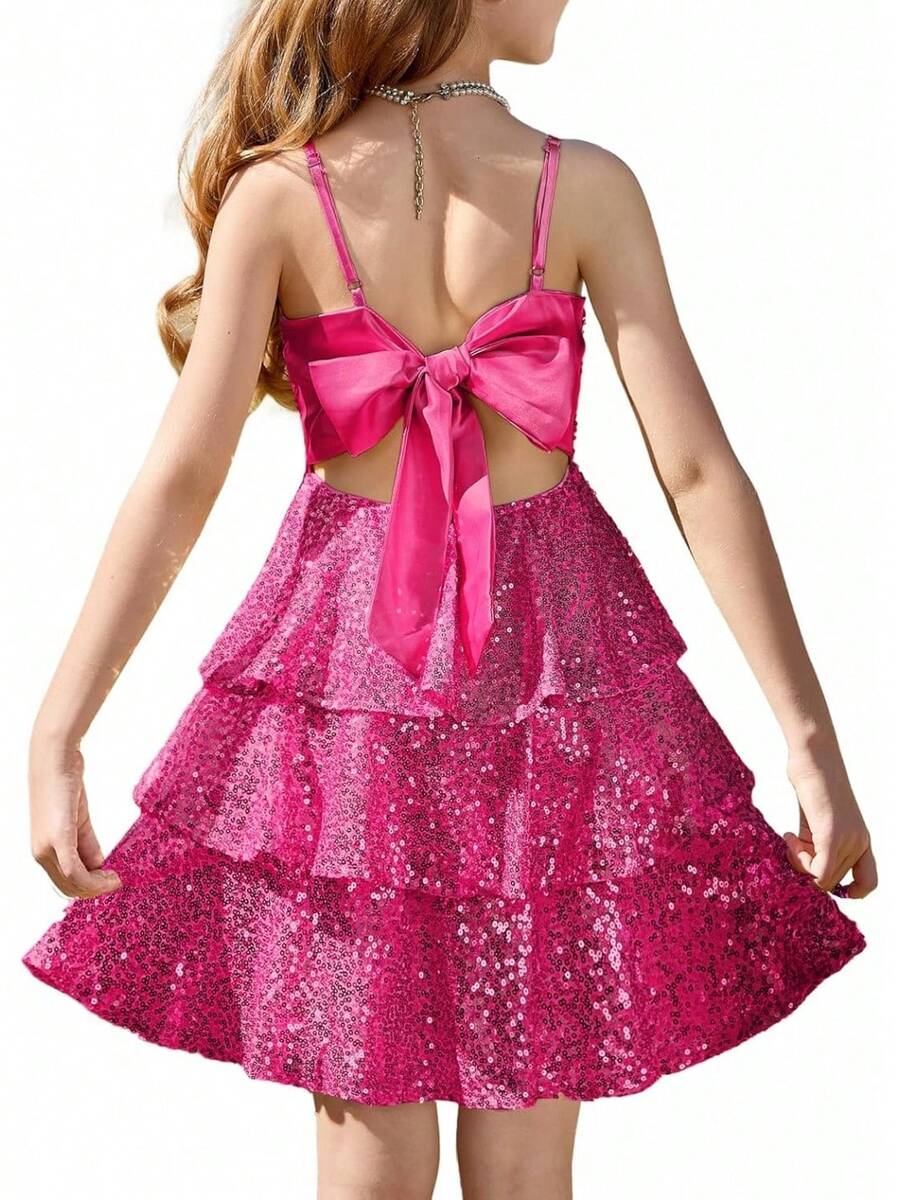 Girls Sequin Formal Dress Kids Party Special Occasion Fancy Gown Tie Back 3 Layer Prom Graduation Outfit - 玫紅色 - 查看 1