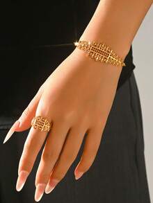 一套时尚休闲百搭镂空花卉手链戒指首饰套装（女士款） - 金黃色 - 查看 2