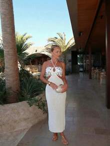 女士夏季波西米亚亮片白色蕾丝系带露背吊带长裙，无袖修身镂空性感针织连衣裙，适合海滩度假、海滩派对、音乐节、鸡尾酒会、城市公路旅行、假日约会 - 白色 - 查看 7