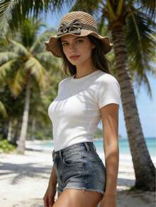 优雅法式风情女士草帽 - 手工编织渔夫帽，饰有复古荷叶边和蝴蝶结，轻便透气可折叠旅行沙滩帽，女士礼物 - 遮陽帽 - 查看 2