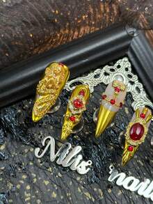 10片金色手工女士可佩戴美甲贴纸,全覆盖可重复使用,长款尖头金色法式美甲,3D装饰天使、蝴蝶结、魔镜、玫瑰图案,美观有趣,适合按压式亚克力美甲,Y2K风格美甲套装,适合女性和女孩,可用于节日、日常、派对、聚会等场合(包含:一片果冻胶和一条摩擦条)美甲用品 - 金色 - 查看 5